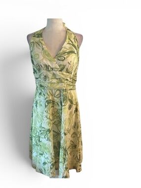 Madison Leigh Green & White Floral Halter Dress Deep V-Neck Fit & Flare Size 14